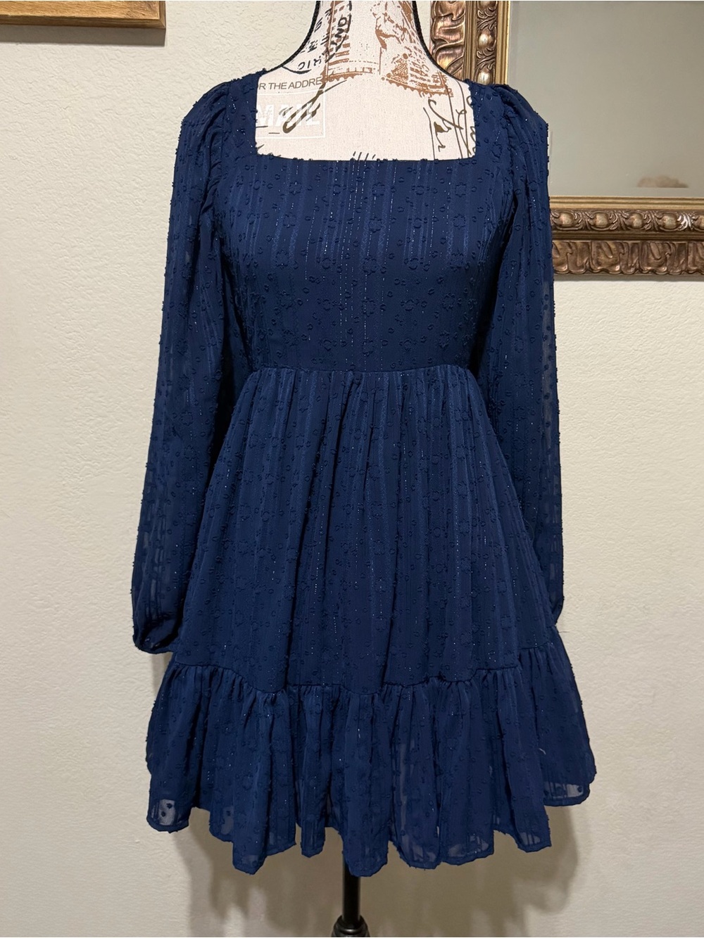 Lulu's Navy Blue Backless Long-Sleeve Tiered Dress